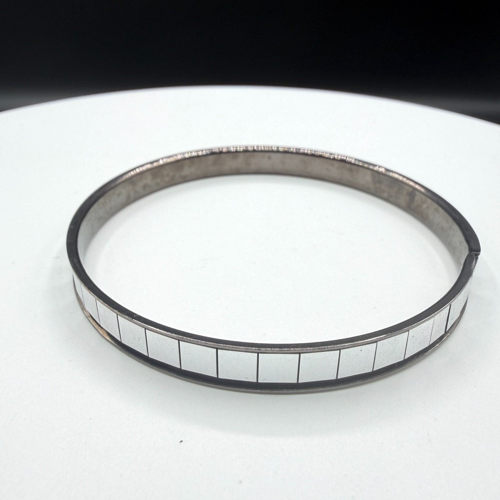 Silver Tone Geometric Tile Inlay Bangle Bracelet Minimalist Stackable Gift Boho